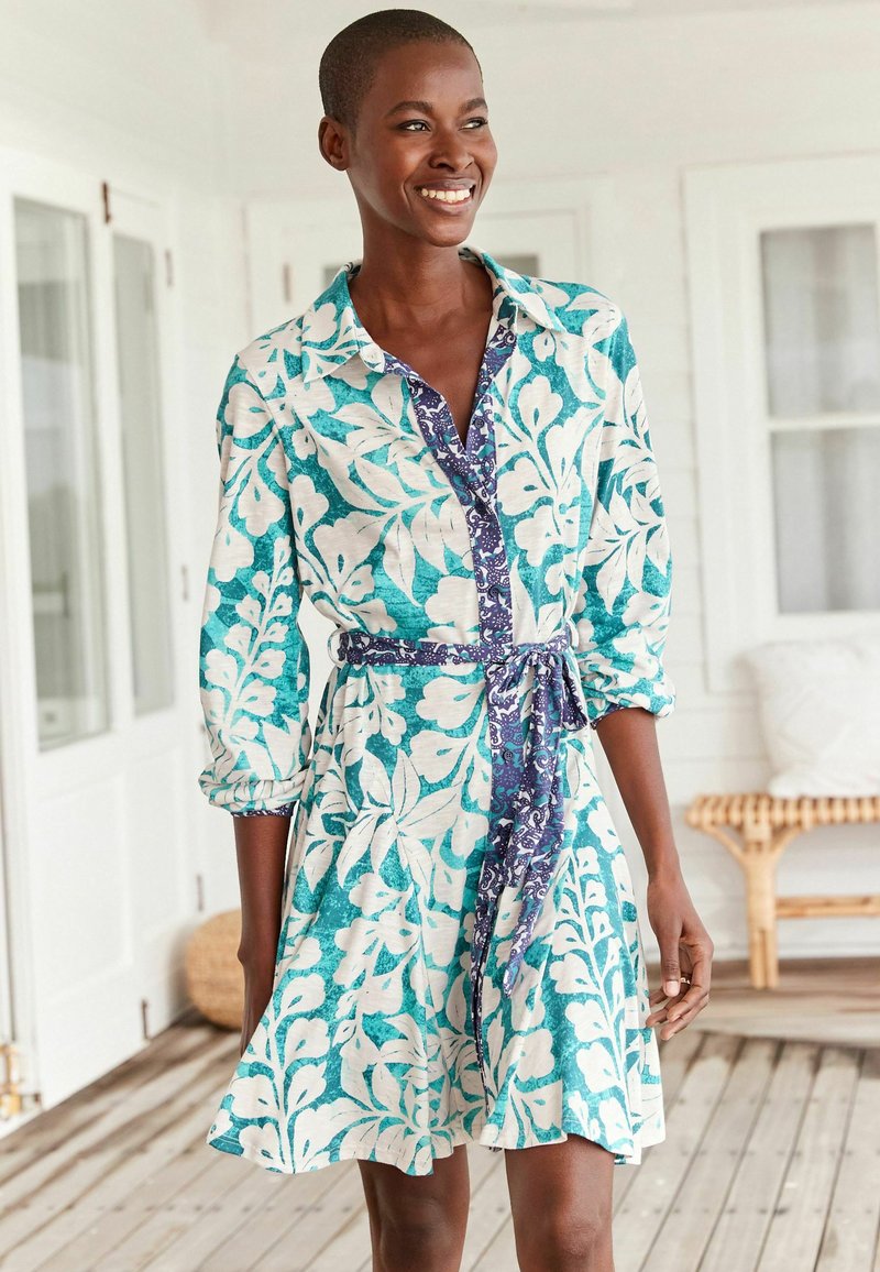 Next LONG SLEEVE BELTED MINI DRESS Robe chemise teal blue floral
