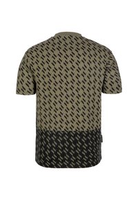 Krátký rukáv tričko v olivově zelené barvě s černým geometrickým vzorem. Má jednobarevnou černou spodní část a kulatý výstřih.