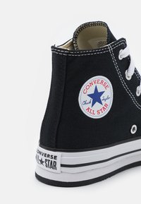 Black high-top Converse All Star sneaker with white stitching, white laces, and a blue star logo on the ankle patch.