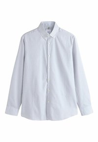 Nappikaulainen paita ruutukuvioisena, vaaleansininen ja valkoinen. Pitkät hihat, terävä kaulus ja valkoiset napit. Sileä puuvillainen pinta.