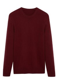 Maglione a maglia bordeaux con maniche lunghe, colletto rotondo e polsini e orlo a coste; texture liscia e silhouette classica.