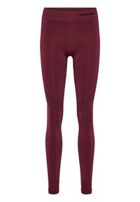 Leggings burdeos hechos de tela elástica. Presentan una cintura ancha y detalles texturizados en la parte inferior de las piernas para ventilación. Logo en la cintura.