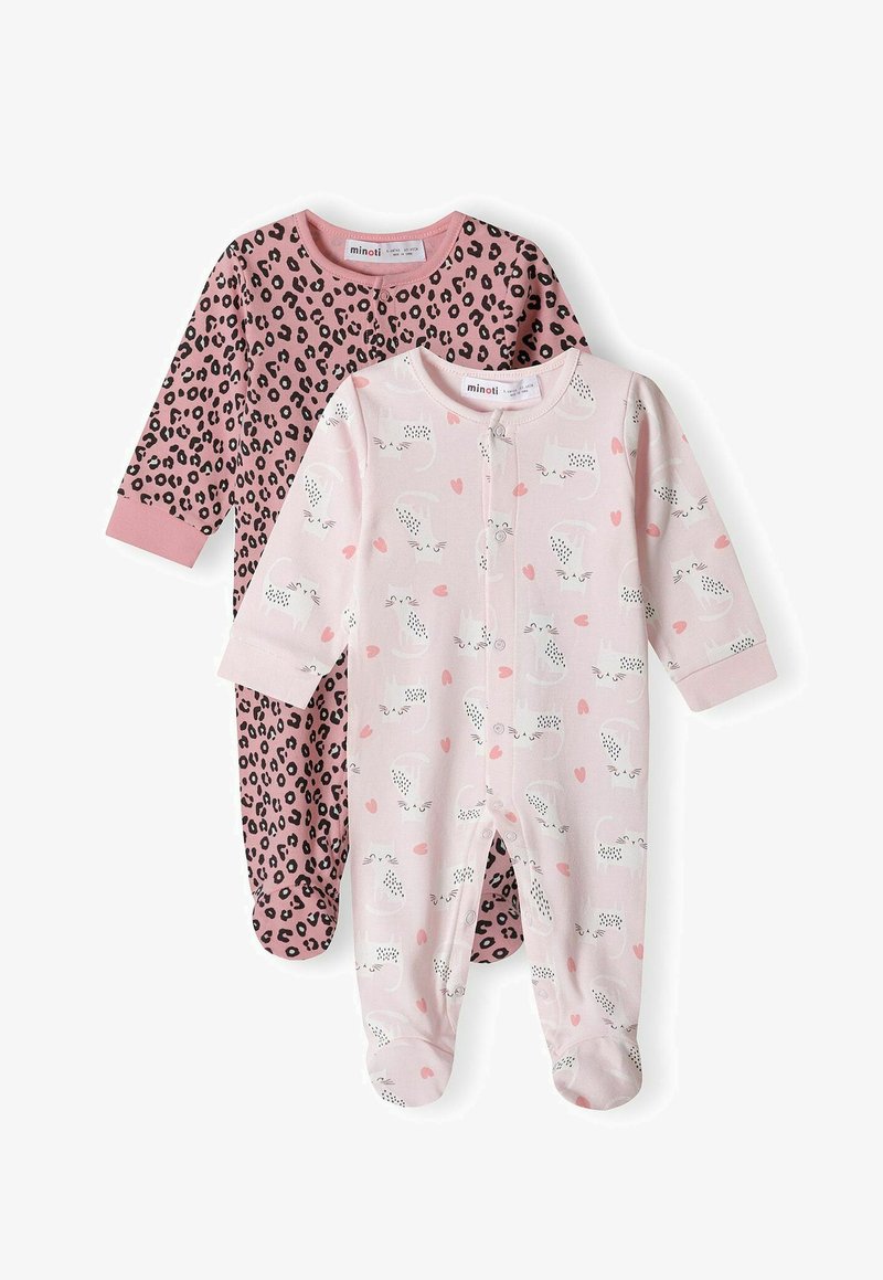 Dos bodies para bebé: uno rosa con un estampado de leopardo, y el otro rosa claro con ilustraciones de gatos y corazones. Ambos tienen cierres a presión.