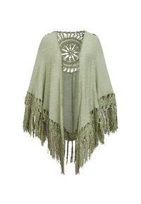 Sciarpa verde chiaro aperta sul davanti con design posteriore circolare all'uncinetto e lunga frangia sui bordi.