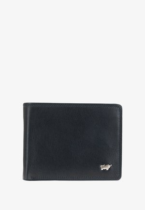 Portafoglio in pelle nera con superficie testurizzata, design a due pieghe e un piccolo logo metallico sul angolo anteriore.