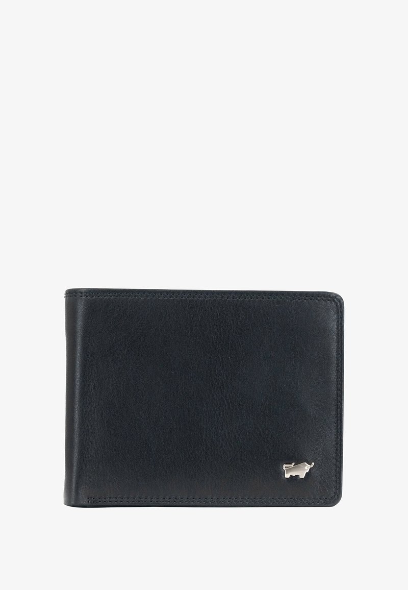 Porte-monnaie en cuir noir avec une surface texturée, design pliable en deux, et un petit logo en métal en accent dans le coin avant.