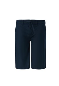 Shorts bleu marine en tissu léger, dotés d'une taille élastique avec cordon de serrage, jambes droites, sans poches ni accents décoratifs.