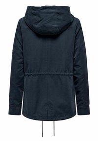 Veste à capuche bleu marine avec manches longues, taille réglable par cordon de serrage, et cordons pendants à l'ourlet, vue de dos.