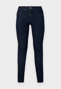 Mørkeblå skinny jeans laget av denimstoff, med frontknappstenging, belte løkker og fire lommer med en glatt tekstur.