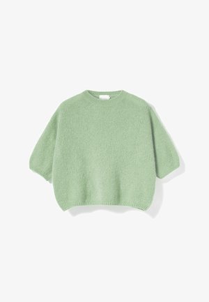 Zacht muntgroene gebreide trui met korte pofmouwen en geribbelde ronde hals en zoom, plat uitgestald op een witte achtergrond.