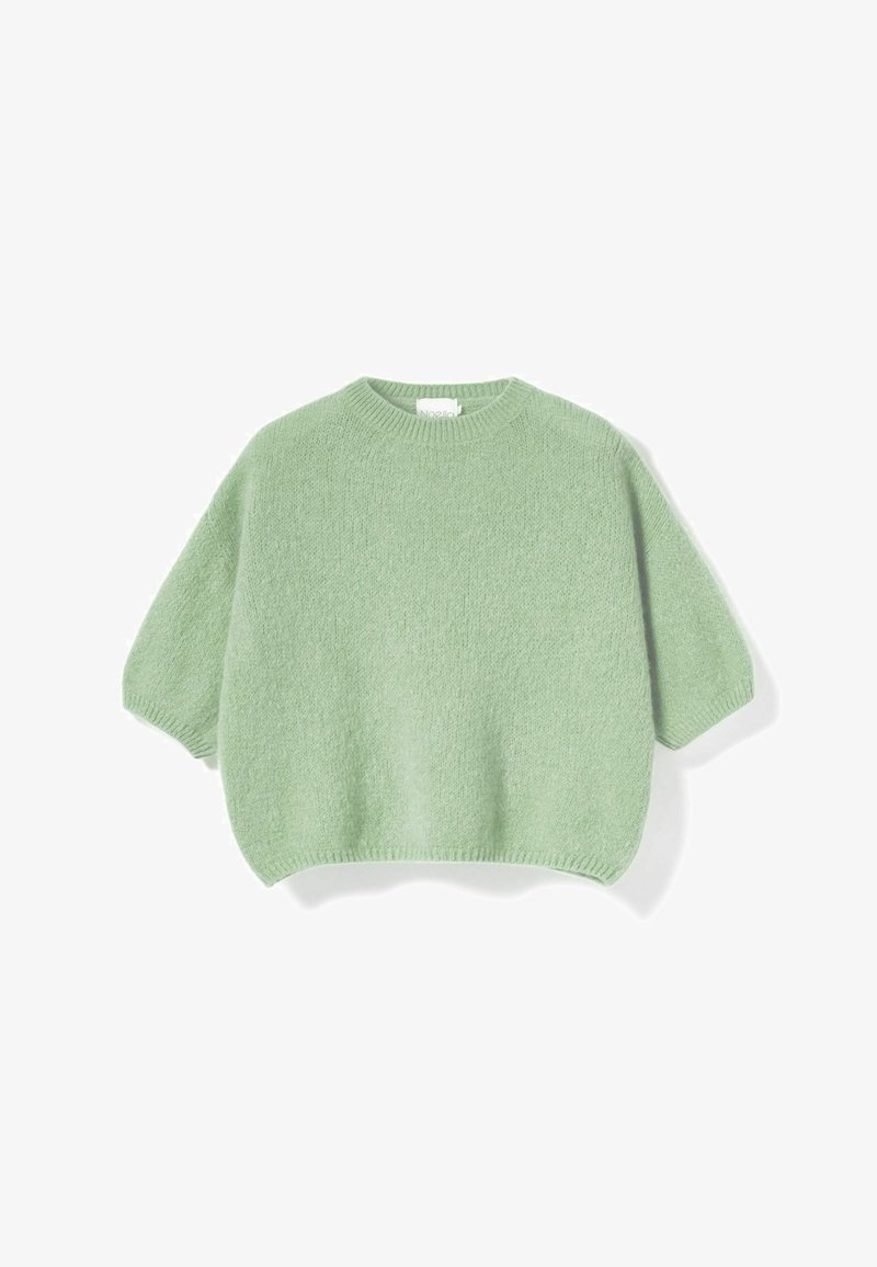 Pehmeä mintunvihreä neulottu neule lyhyillä puffihihnoilla ja resorilla varustettu pyöreä pääntie sekä helma, aseteltuna tasaisesti valkoisella taustalla.