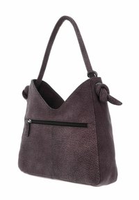 Sac à main en cuir violet avec une finition texturée, doté d'un détail noué sur la poignée et d'une poche zippée à l'avant.