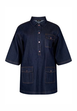 Dark denim shirt with a collared neckline, short sleeves, front button closure, and two chest pockets with flap and button detail.