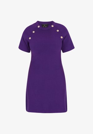 Purple knitted dress with short sleeves and a round neckline. Features decorative buttons on the shoulders. Smooth texture.
