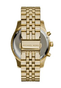 Gold stainless steel watch with a linked bracelet design. Featuring a round case and engraved logo on the clasp. Subtle shiny finish.