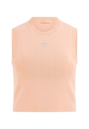 Light pink sleeveless top with a ribbed texture, featuring a round neckline and a small triangular logo in silver at the center.