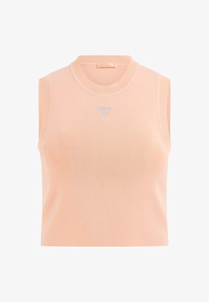 Jasnoróżowy top bez rękawów o żeberkowanej strukturze, z okrągłym dekoltem i małym trójkątnym logo w srebrnym kolorze na środku.