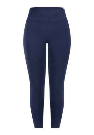 Marineblå leggings lavet af strækbart stof med bred linning, som har en sidelomme for nemhed, glat tekstur og tætsiddende design.