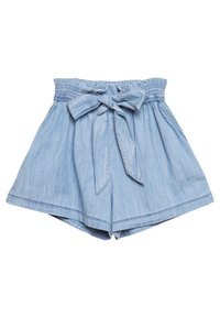 Ljusblå denimshorts med en smockad midja och knytband. De har en utsvängd form och ett mjukt, strukturerat tyg.