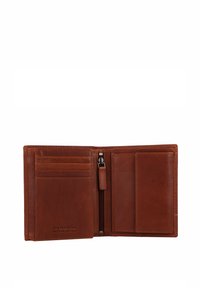 Portafoglio in pelle marrone con protezione RFID, dotato di più scomparti per carte, una sezione con zip e una texture liscia.