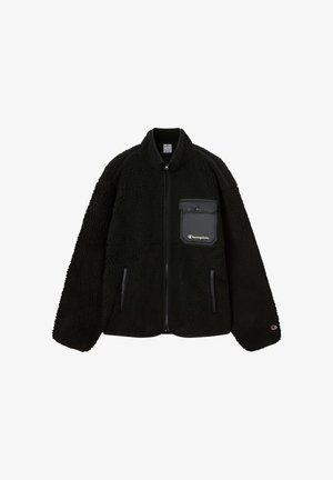 Black fleece jacket with a high collar, zip closure, and a chest pocket. Features smooth fabric accents and side pockets for practicality.