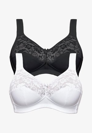 Weißer BH mit floralem Spitzeüberzug auf den Tassen, glattes Material, V-Ausschnitt-Design und dekorativem Schleifen-Detail in der Mitte vorne; verstellbare breite Träger.
