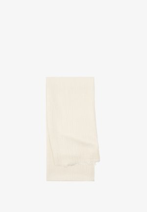 Biały, lekki szalik o fakturowanym wzorze i postrzępionych krawędziach, o prostokątnym kształcie, wykonany z miękkiej tkaniny. Idealny do warstwowego noszenia.