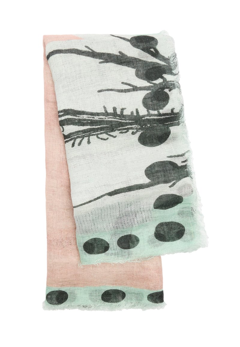 Lekki szalik z pastelowo-różową i miętową obwódką, z roślinnym nadrukiem w ciemnozielonym kolorze. Krawędzie wykończone frędzlami dla dodatkowej tekstury.