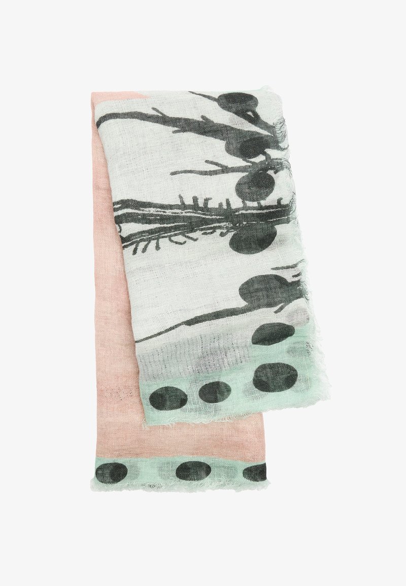 Lekki szalik z pastelowo-różową i miętową obwódką, z roślinnym nadrukiem w ciemnozielonym kolorze. Krawędzie wykończone frędzlami dla dodatkowej tekstury.