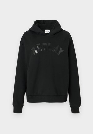 Zwarte hooded sweatshirt van zacht materiaal met een glanzend "REPLAY" logo over de borst. Geribbelde manchetten en zoom, losse pasvorm.