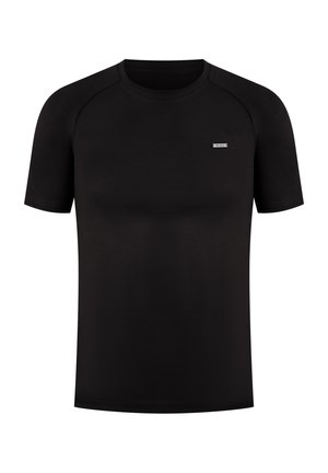 Schwarzes T-Shirt mit kurzen Ärmeln und Rundhalsausschnitt, mit kleinem rechteckigem Logo auf der linken Brust.