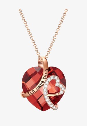 Rožinės auksinės spalvos karoliai su dideliu raudonu krištolo širdimi, kurią akcentuoja mažesnė širdis, inkrustuota skaidriais deimantais; įrašas "Ich liebe Dich."