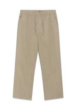 Béžové neformálne nohavice s elastickým pásom a sťahovacou šnúrkou, rovné nohavice a bočné vrecká.