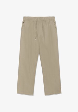 Bež ležerne hlače s elastičnim pojasom i vezicom, ravnim nogavicama i bočnim džepovima.