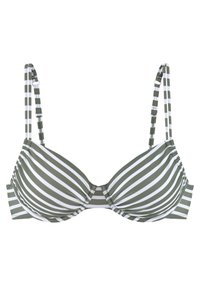Svītrains bikini tops ar formētiem kausiem, ar olīvu zaļām un baltām svītrām, regulējamām siksnām un rušināšanas detaļām centrā.
