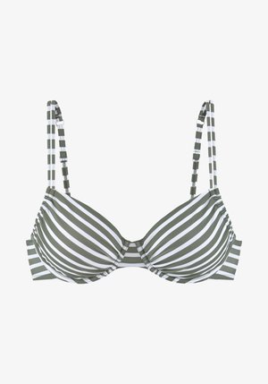 Svītrains bikini tops ar formētiem kausiem, ar olīvu zaļām un baltām svītrām, regulējamām siksnām un rušināšanas detaļām centrā.