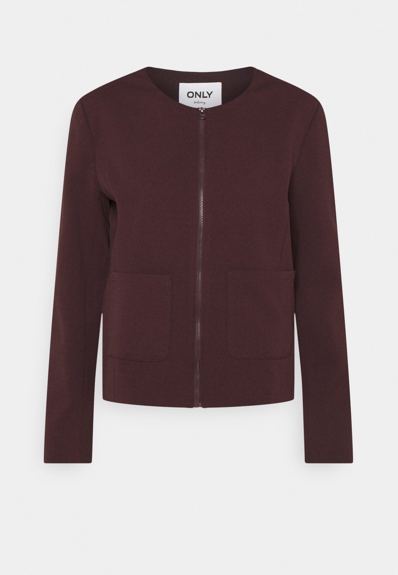 Veste marron foncé à manches longues avec fermeture éclair frontale, encolure ronde et deux poches plaquées à l'avant.