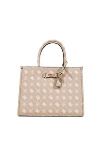 Bolso de mano beige con una superficie estampada, que presenta logotipos blancos, asas dobles y un detalle de candado en tono dorado en la parte frontal.