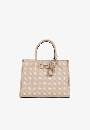 Borsa beige con superficie decorata, caratterizzata da loghi bianchi, doppi manici e un dettaglio in tonalità d'oro a forma di lucchetto sul davanti.