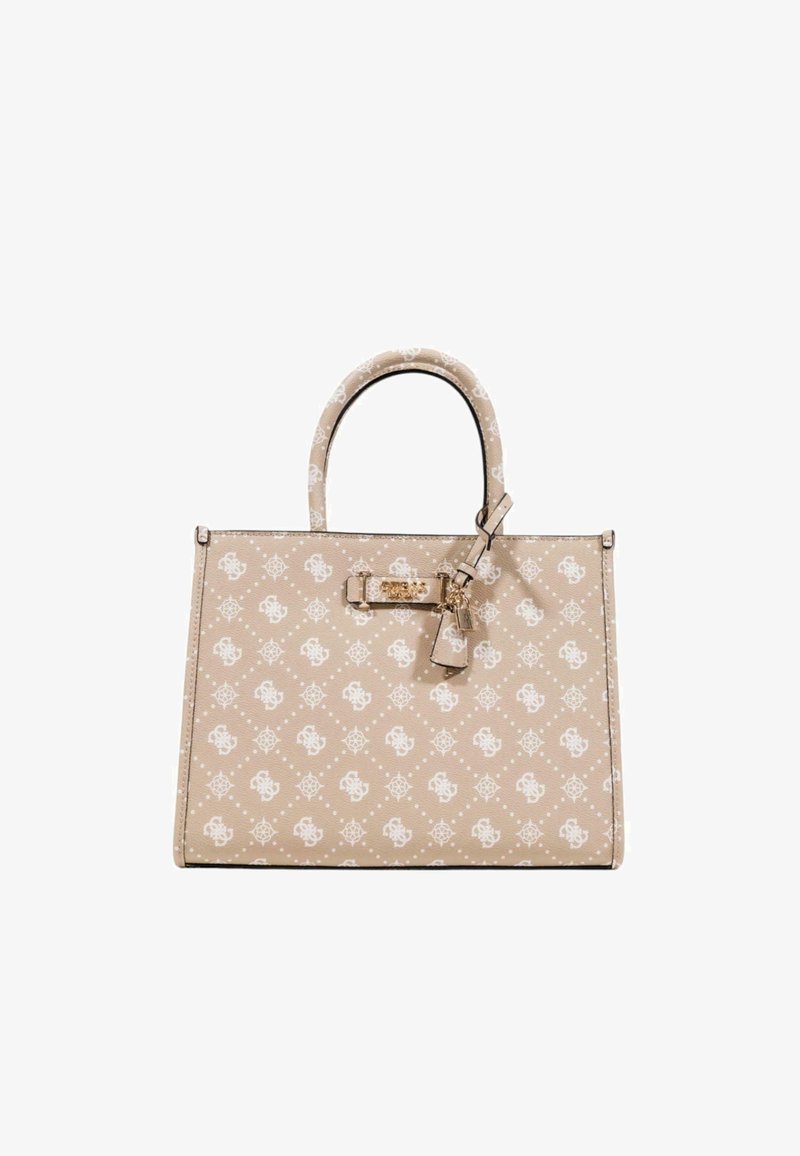 Bolso de mano beige con una superficie estampada, que presenta logotipos blancos, asas dobles y un detalle de candado en tono dorado en la parte frontal.