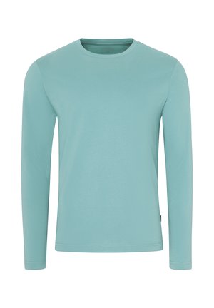 Långärmad skjorta i en mjuk teal-färg gjord av slät bomullstyg. Har rundad halsringning och en enkel, ren design utan mönster.