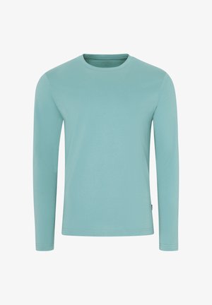 Langarmshirt in een zachte teal kleur, gemaakt van gladde katoenen stof. Heeft een ronde hals en een eenvoudig, strak ontwerp zonder patronen.