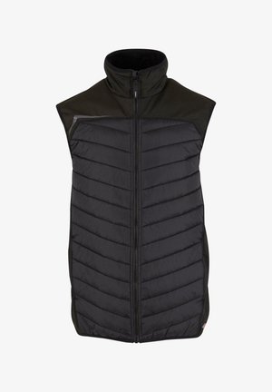 Black insulated vest with a high collar, featuring quilted panels and a zipper closure. Material contrasts with smooth side detailing.