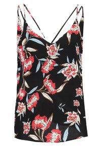 Schwarze ärmellose Bluse mit dünnen Trägern und einem rot, weiß und blau blühenden Muster.