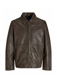 Brown leather jacket with a collared neckline, front zipper closure, and slightly wrinkled texture. Features side pockets and a relaxed fit.