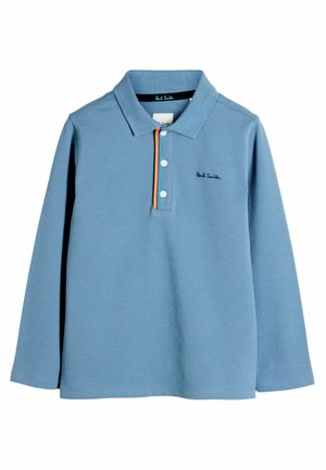 Långärmad blå polo skjorta med en treknappsknäppning och en flerfärgad rand längs kragen, med varumärket broderat.