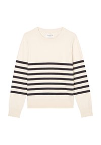 Maglione crema con strisce orizzontali nere, scollo rotondo, maniche lunghe e polsini e orlo a coste. Realizzato in morbido tessuto lavorato a maglia.