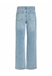 Svetlomodré denimové rifle s vysokým pásom, širokými nohavicami a dvoma zadnými vreckami, zobrazené zozadu na bielom pozadí.