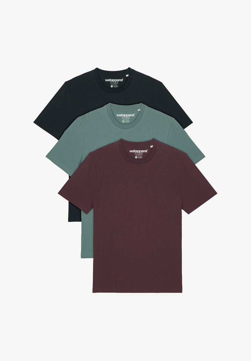 Drei unisex T-Shirts in Schwarz, Teal und Burgunderrot. Jedes hat einen Rundhalsausschnitt, kurze Ärmel und eine weiche Baumwolltextur.