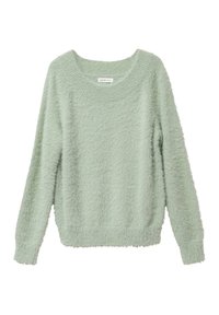 Hellgrüner, flauschiger Pullover mit lockerer Passform, Rundhalsausschnitt und langen Ärmeln. Weiche Textur mit gerippten Bündchen und Saum. Lässiges Design.